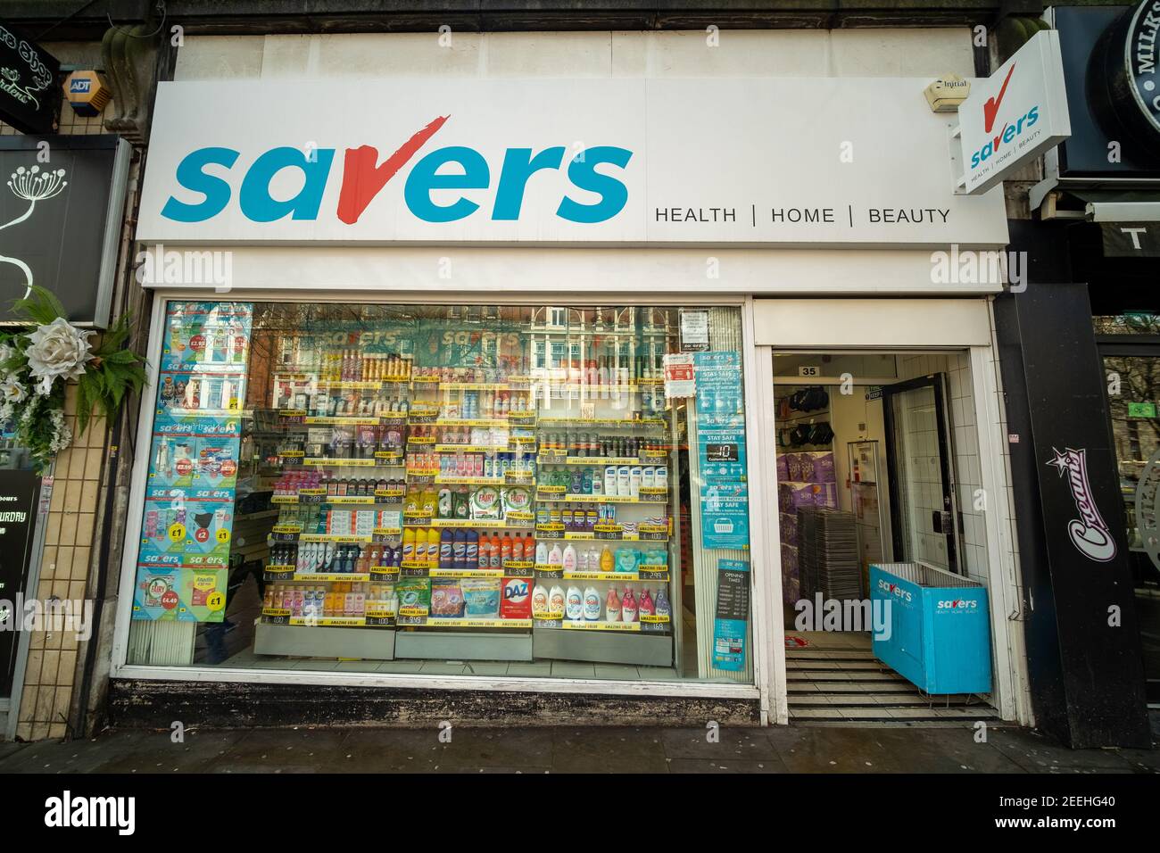 London- February, 2021: Savers store on high street in Ealing, a chain of British discount stores Stock Photo