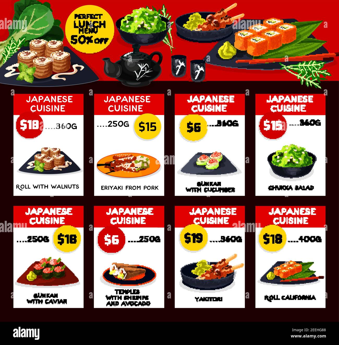 Japanese cuisine restaurant menu template. Vector lunch offer for