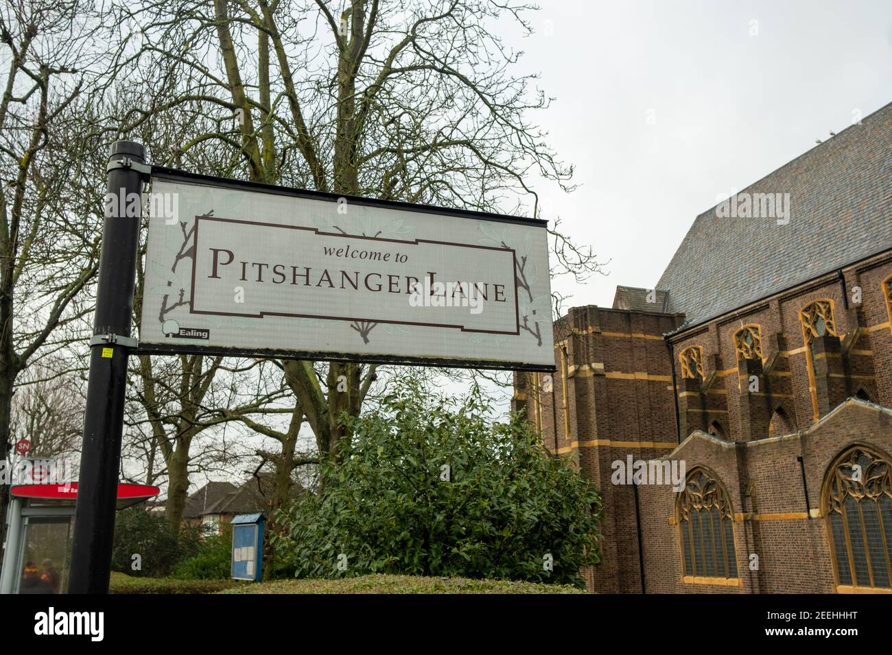 London February, 2021 Pitshanger Lane, a suburban street of shops and
