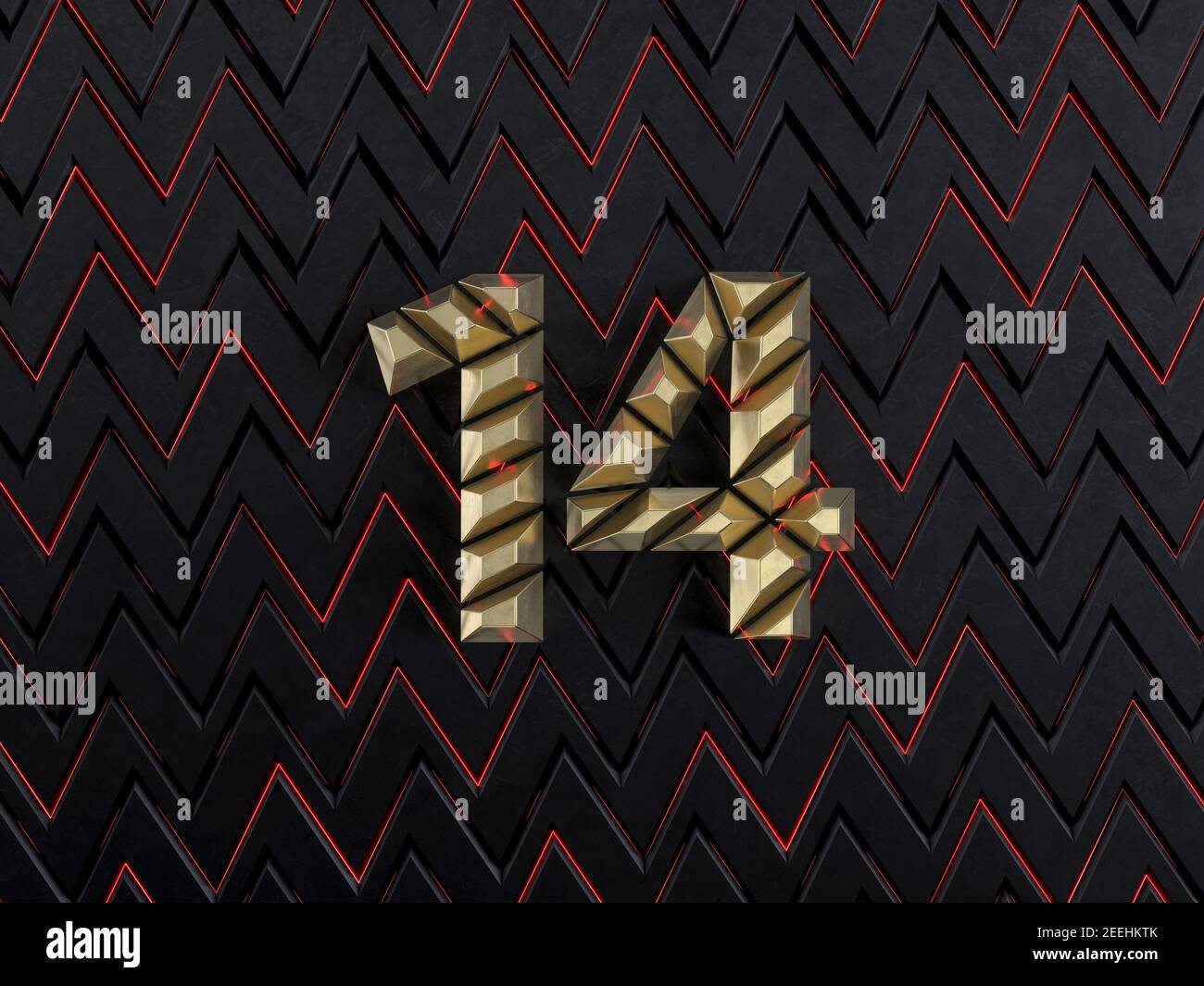 Number fourteen (number 14) made from gold bars on dark background with ...