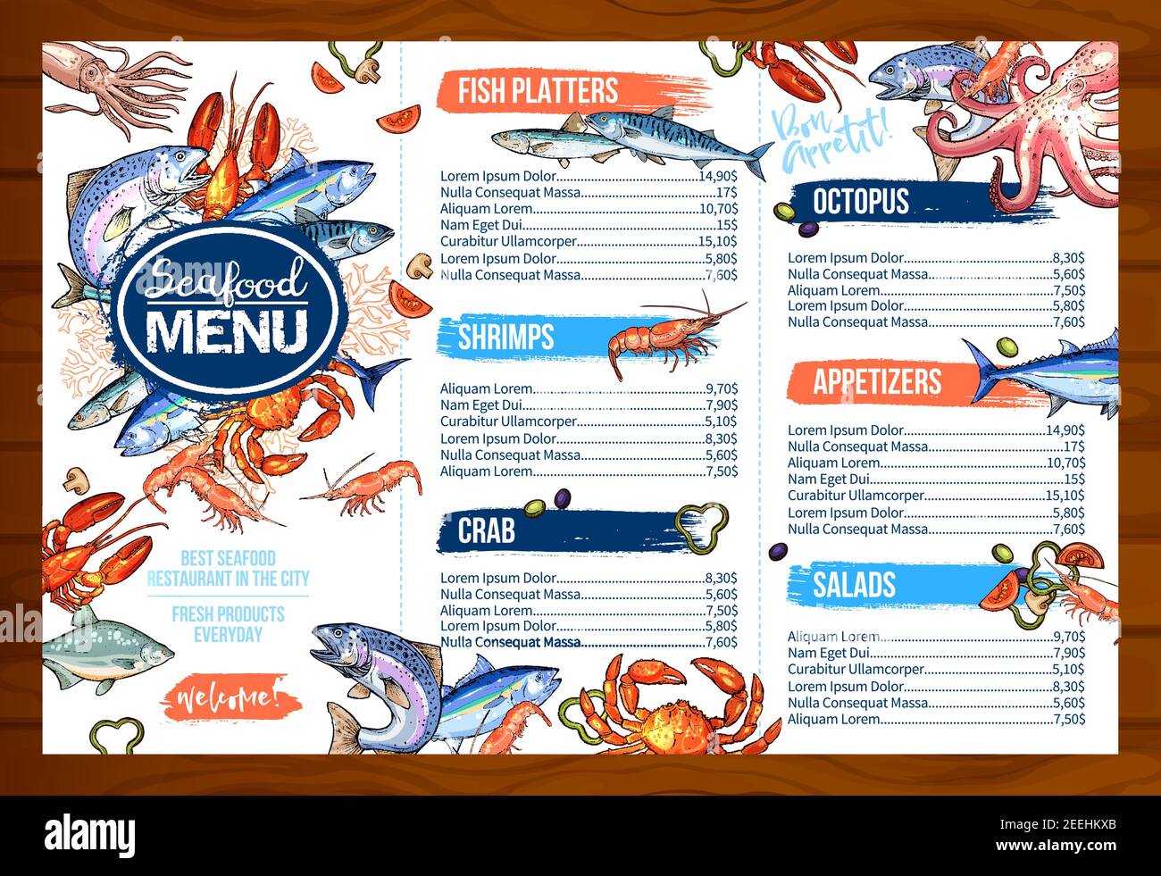 Seafood or fish food restaurant cuisine menu template. Vector price set