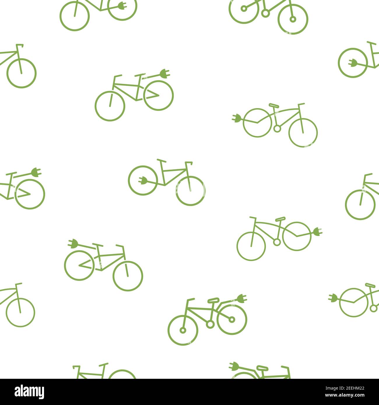 Seamless pattern with electric bike. Geen eco bicycle with plug background. Flat line vector illustration isolated on white Stock Vector