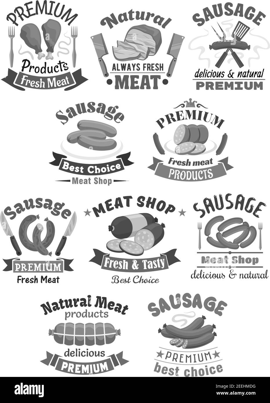 Meat products and sausages icons of premium butchery or meat market shop. Vector isolated brisket ham or bacon, brats, wiener and frankfurter sausages Stock Vector