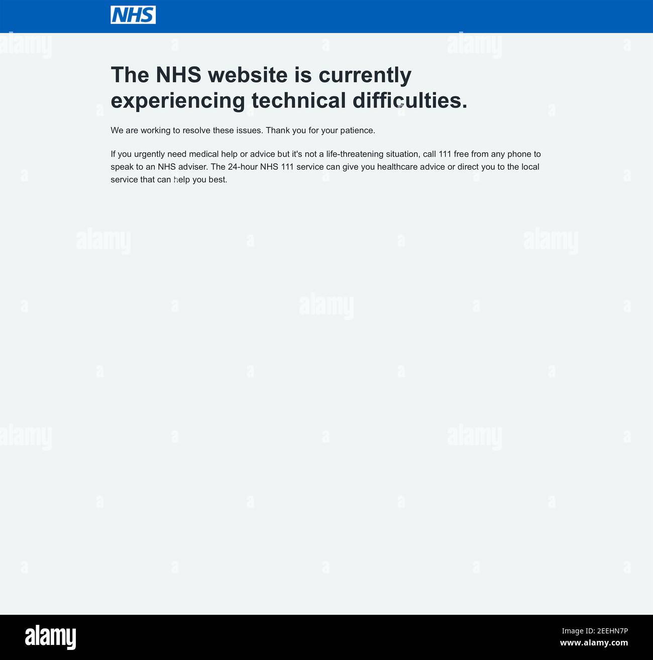The NHS website currently experiencing technical difficulties . NHS website slows under pressure from people trying to book a coronavirus vaccine Stock Photo