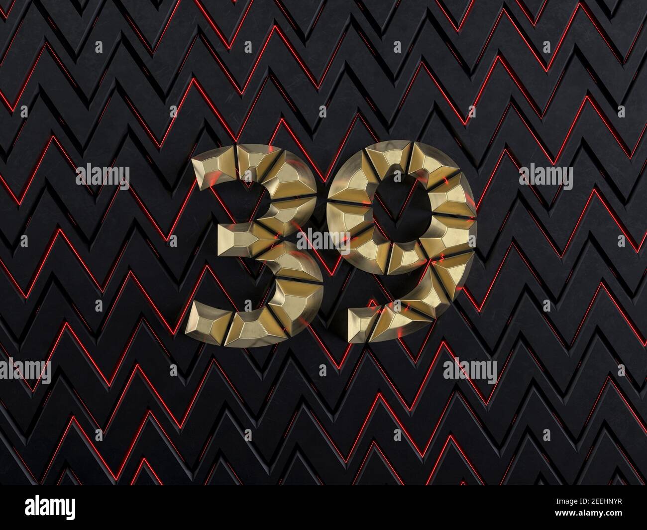 Number thirty-nine (number 39) made from gold bars on dark background with cuts and glow of red neon lines. Front view. 3D illustration Stock Photo