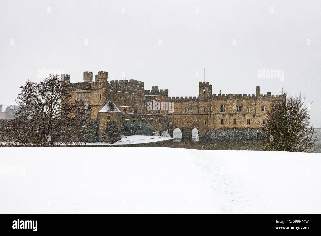 Leeds Castle in Snow Stock Photo