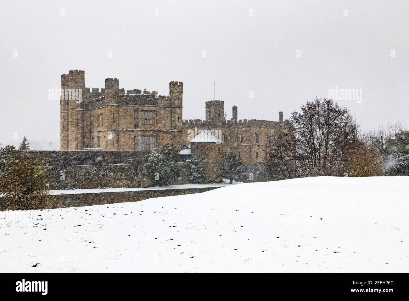 Leeds Castle in Snow Stock Photo