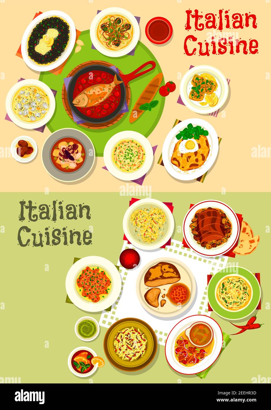 Italian cuisine lunch icon set of pasta dishes with seafood, meat and pesto sauce, chicken spaghetti with cheese, seafood risotto, vegetable beef sala Stock Vector