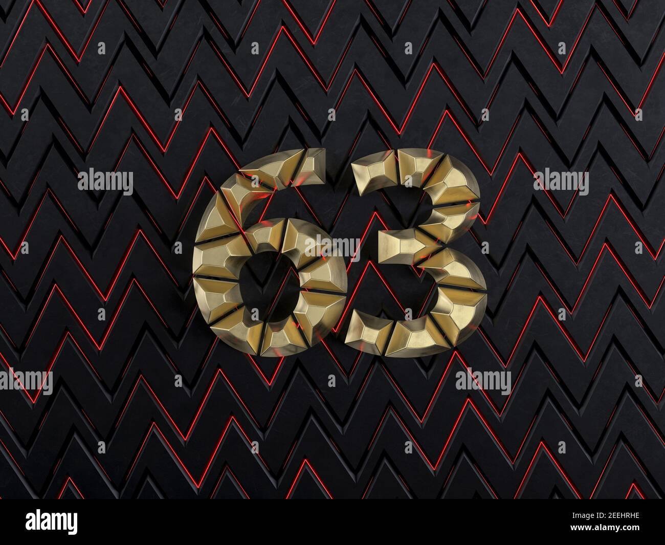 Number sixty-three (number 63) made from gold bars on dark background ...