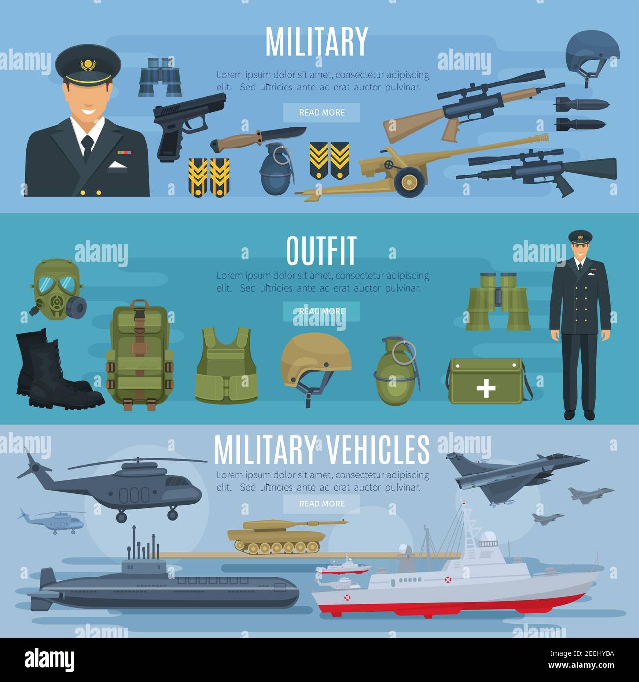 Military forces vehicles, outfit and weapon arms banners set. Vector design of military soldier in armored jacket and helmet, ammunition gun, tank or Stock Vector