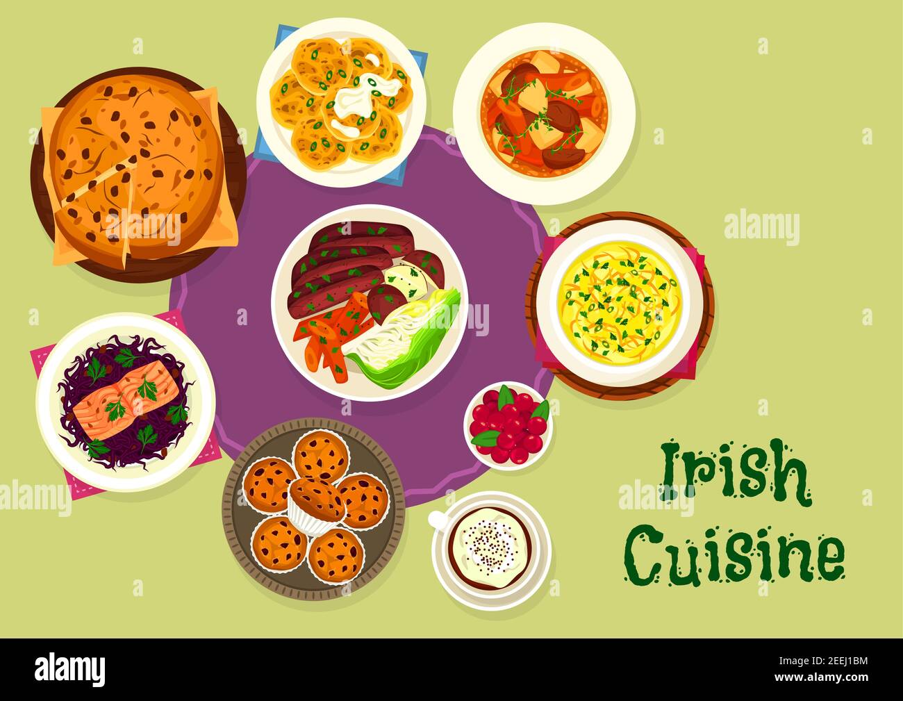 Irish cuisine tasty dinner menu icon of lamb vegetable stew, beef with cabbage and potato, salmon with red cabbage salad, mashed potato with cabbage a Stock Vector