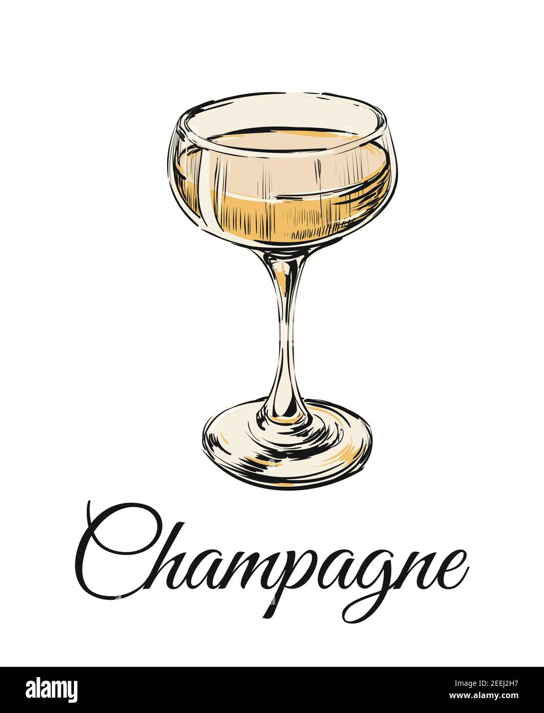 Champagne Glass Hand Drawing Vector Illustration Bubbles. Alcoholic