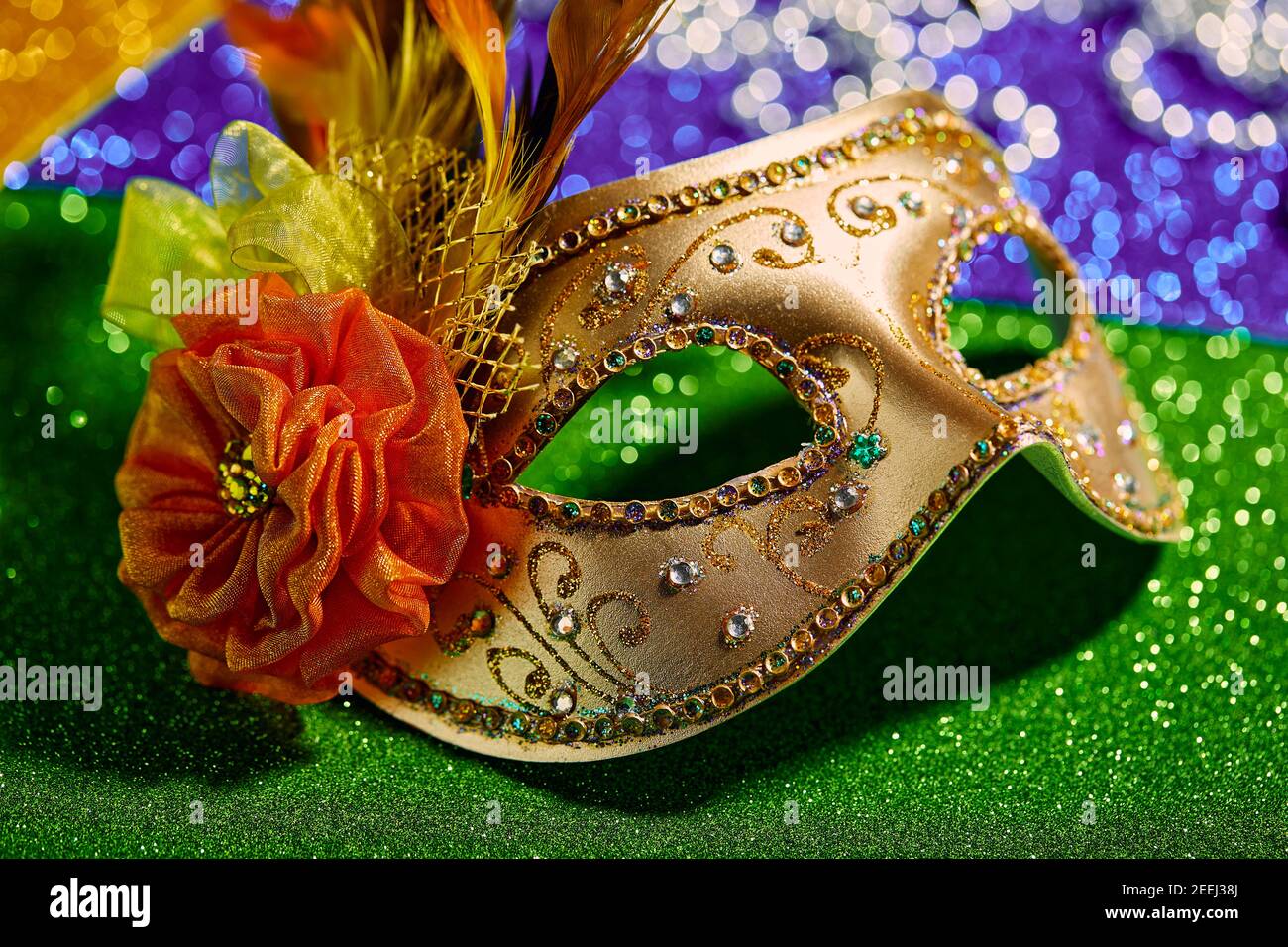 Purple Green Gold Venetian Mask Feather Masquerade Mardi Gras 12" New 