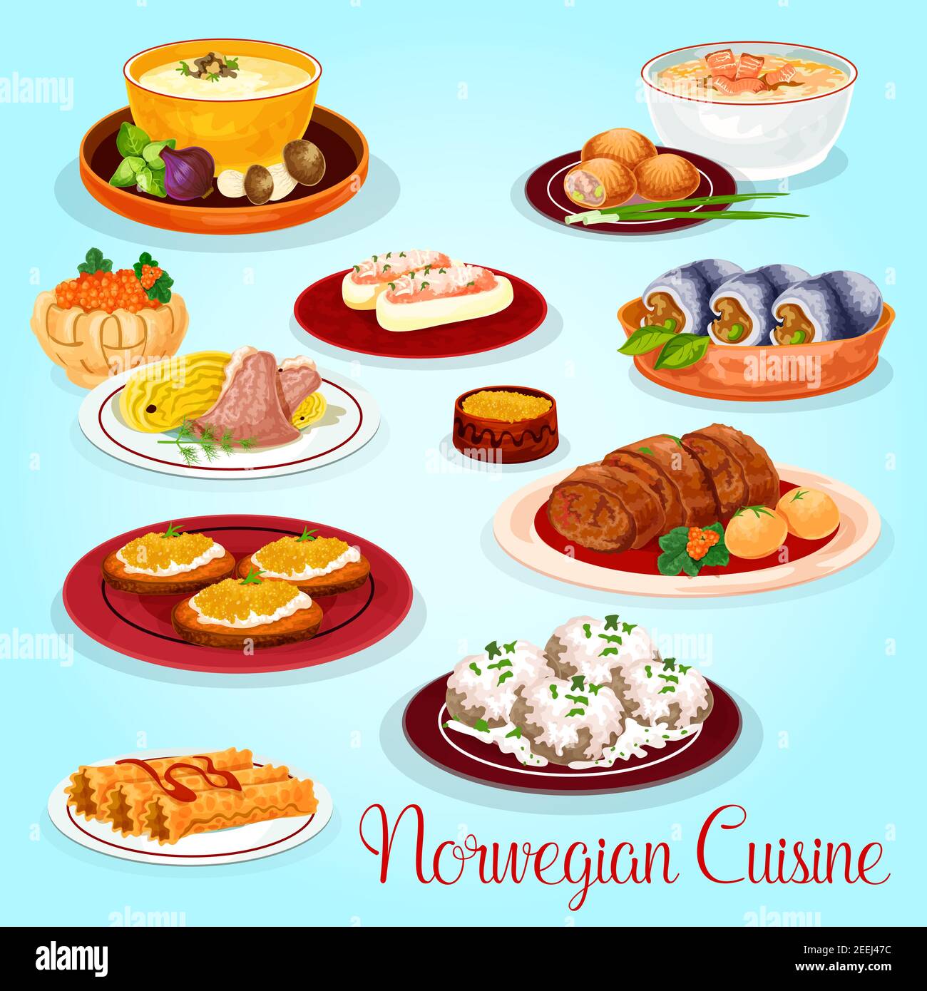 Norwegian cuisine dishes for lunch menu cartoon icon. Salmon and mushroom cream soup, potato salmon pie, herring roll, lamb cabbage stew, stuffed cucu Stock Vector