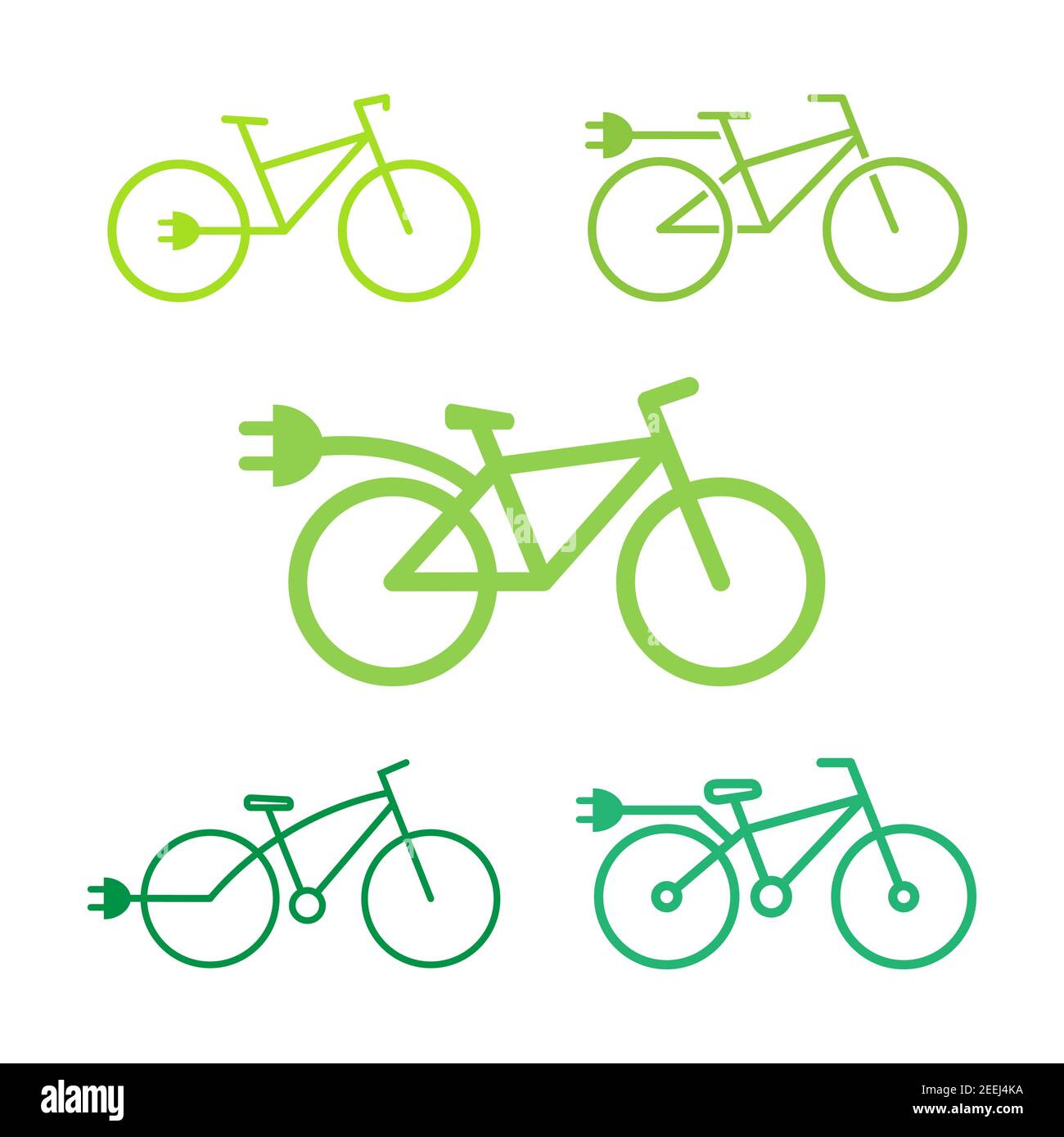 Electric bike icon set. Eco bicycle with plug collection. Flat line vector illustration isolated on white Stock Vector