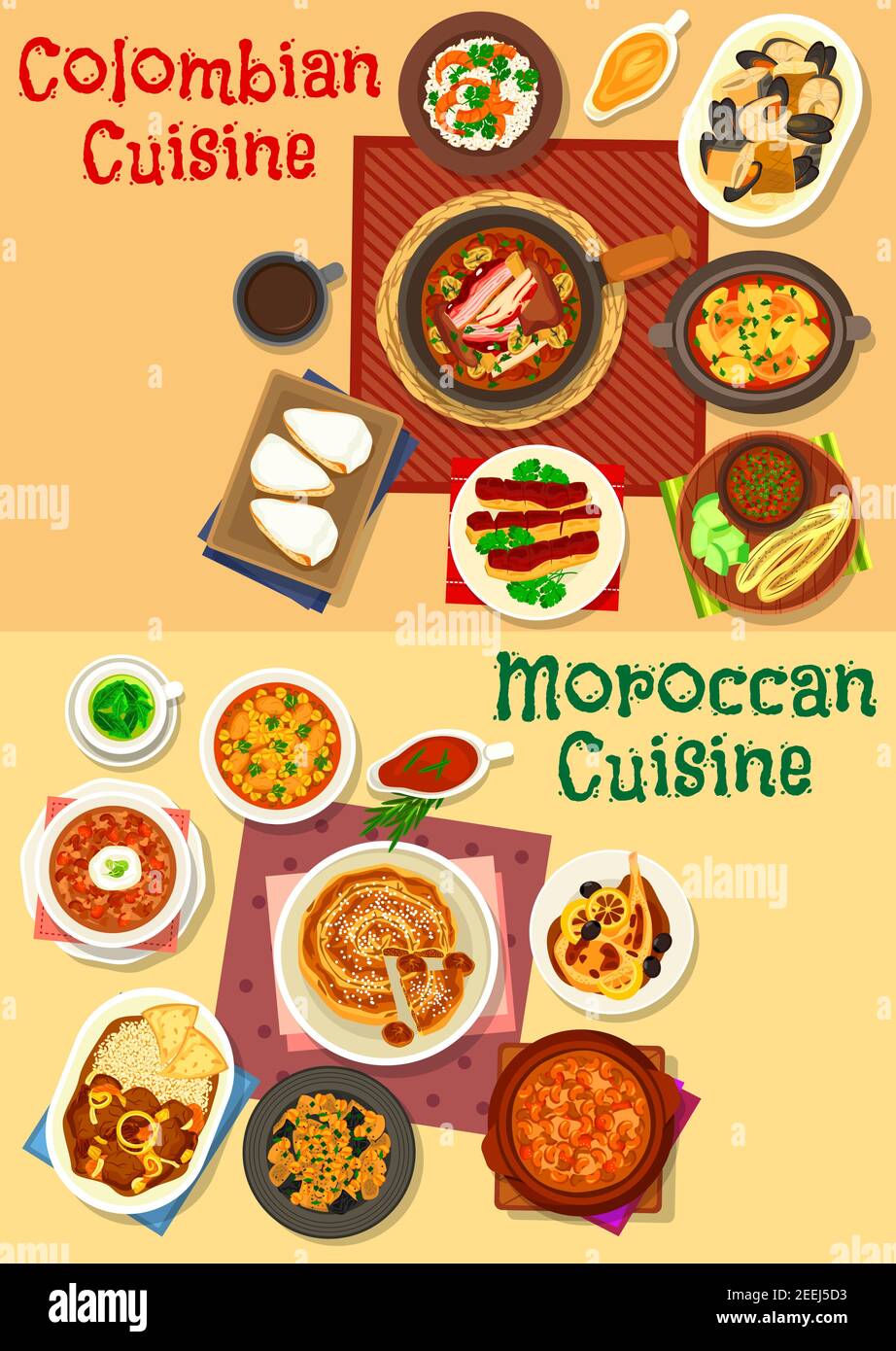 Colombian and moroccan cuisine icon set. Seafood and meat stew with bean, chicken soup, tomato onion sauce, shrimp rice, eggplant vegetable salad, fri Stock Vector