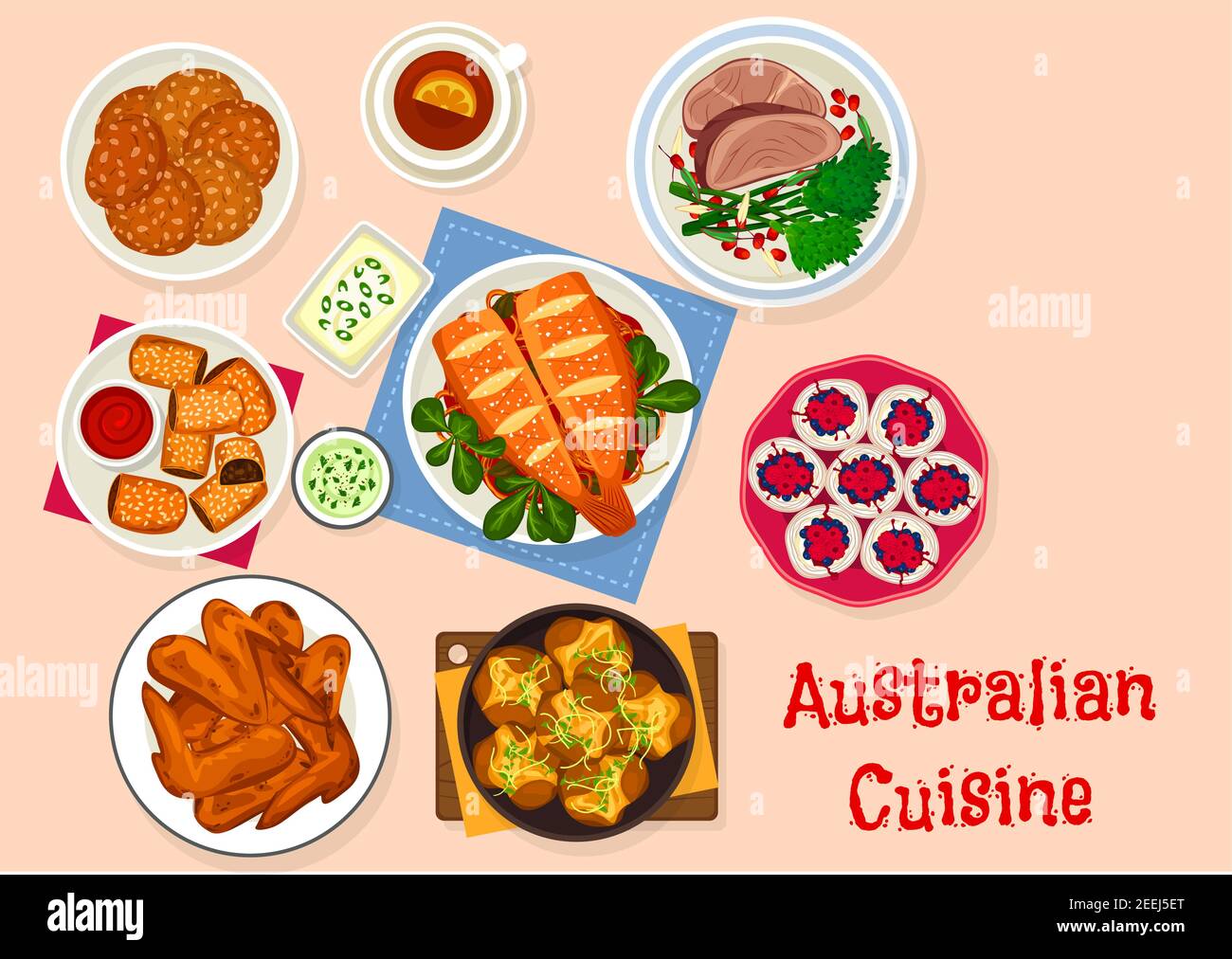 Australian cuisine traditional food icon with bbq chicken wings, beef steak, baked fish with vegetable, baked potato with herbs, lamb pie, meringue be Stock Vector