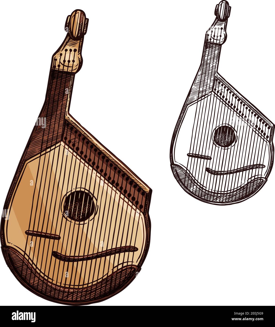 Ukrainian musical instrument bandura isolated sketch. Bandura or kobza, plucked string folk instrument of ukrainian music for ethnic musical festival Stock Vector