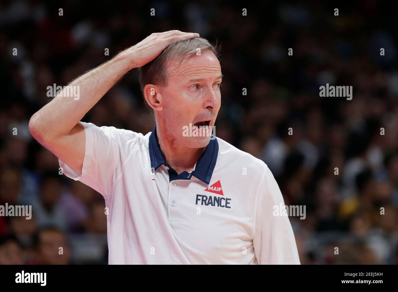Basketball - FIBA World Cup - Semi Finals - Argentina v France - Wukesong Sport Arena, Beijing, China - September 13, 2019 France coach Vincent Collet reacts REUTERS/Jason Lee Stock Photo