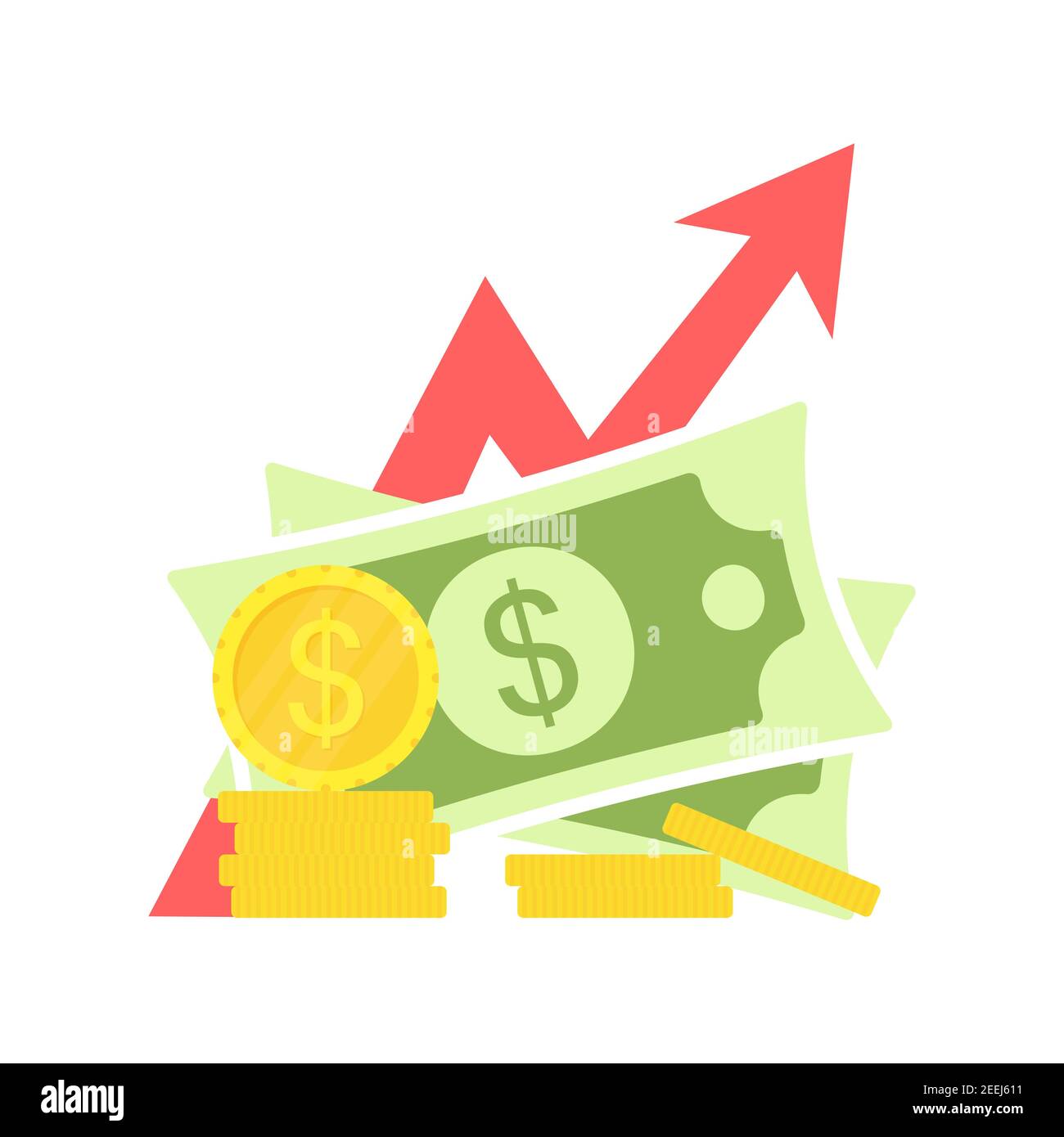 Retirement money with arrow. Dollar and coin symbol. Business success strategy concept. Vector illustration isolated on white. Stock Vector