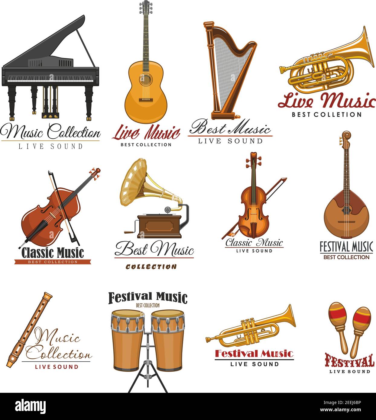 Music instrument and festival of live music symbols. Guitar, drum, violin  and harp, trumpet, piano and horn, flute, mandolin and maracas, viola and  re Stock Vector Image & Art - Alamy
