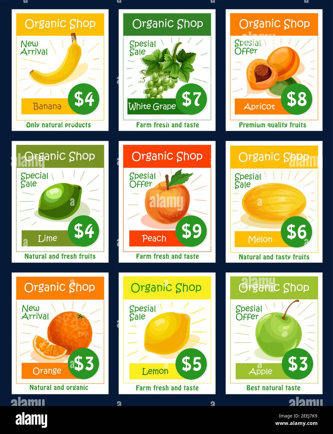 Fruit tag, organic shop label Farm fresh fruit special offer card with  green apple, orange, lemon, banana, peach, grape, lime, melon, apricot and  Stock Vector Image Art Alamy