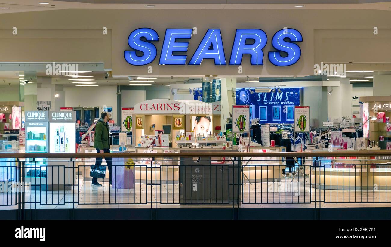 Sears store entrance is an American chain of department stores. Known for selling high-quality clothing articles from shoes to shirts. Stock Photo