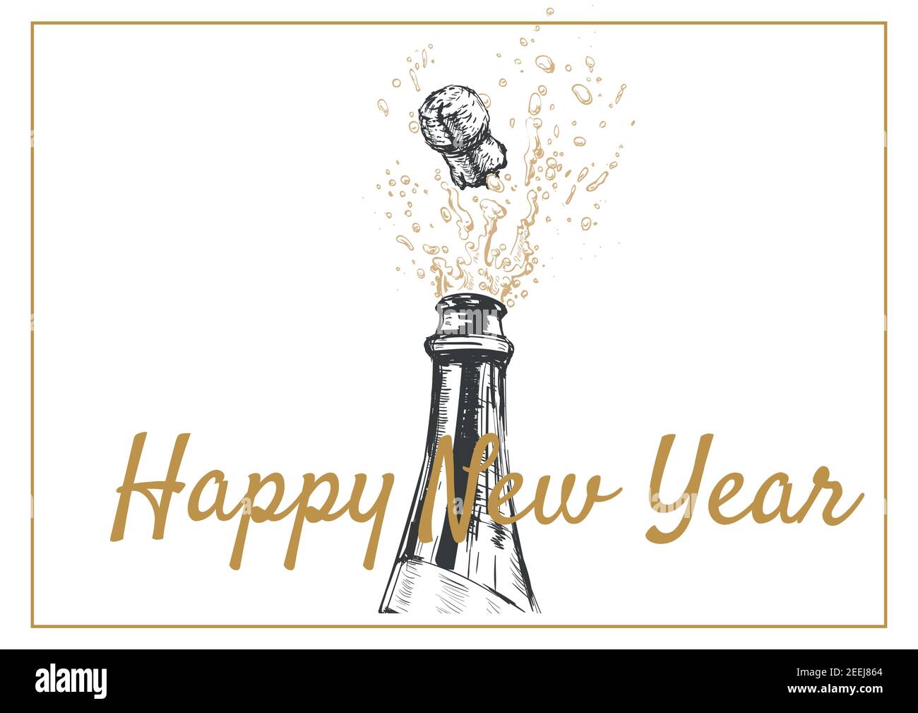 Happy New Year Hand drawn Illustration of Champagne explosion Stock ...