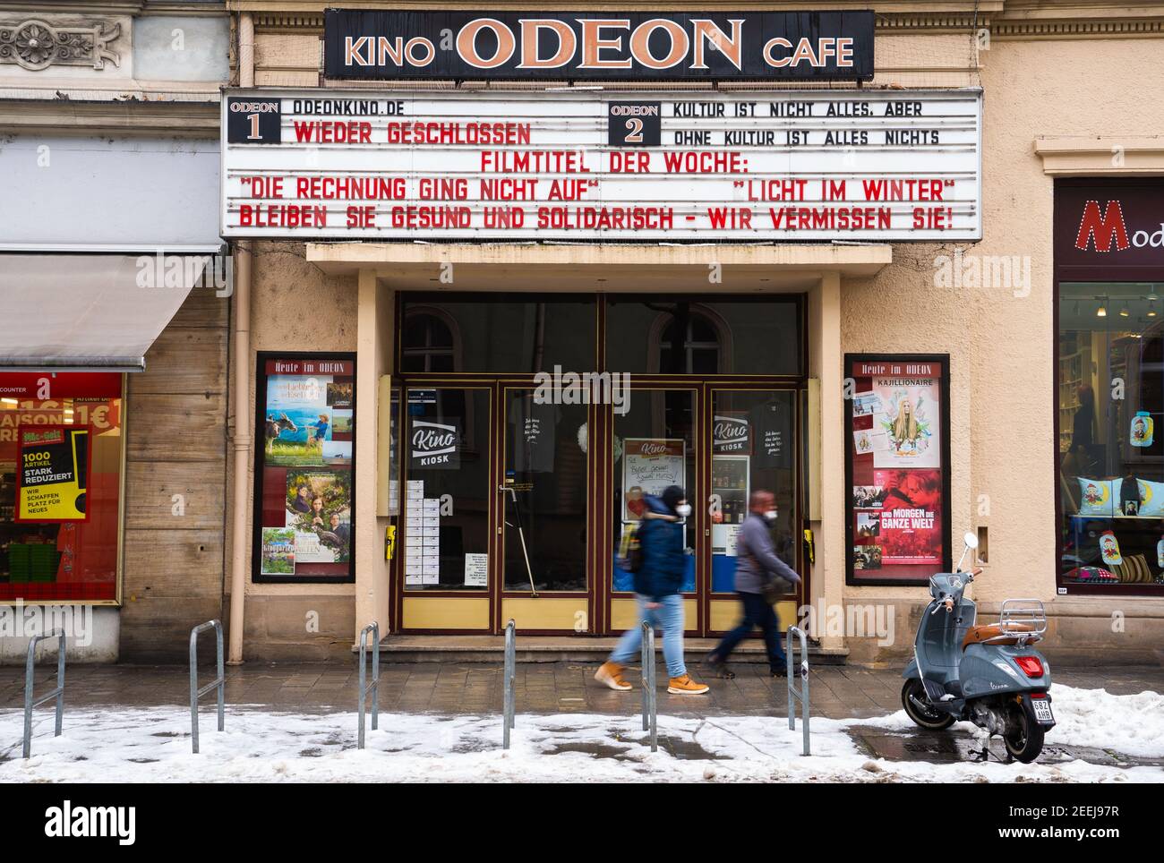 Bamberg, Germany. 16th Feb, 2021. On the display board of the Odeon cinema in Bamberg is the writing 'Filmtitel der Woche: Die Rechnung ging nicht auf. Light in Winter. Culture is not everything, but without culture everything is nothing'. Credit: Nicolas Armer/dpa/Alamy Live News Stock Photo