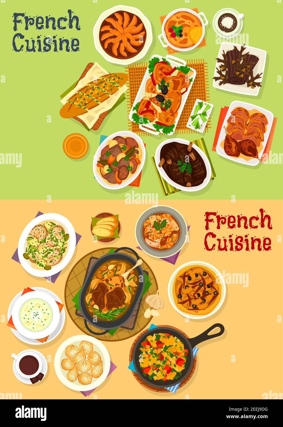 French cuisine dinner icon set. Vegetable meat stew, bread, seafood and potato cream soup, baked lamb, chicken and duck with veggies, chocolate cake, Stock Vector