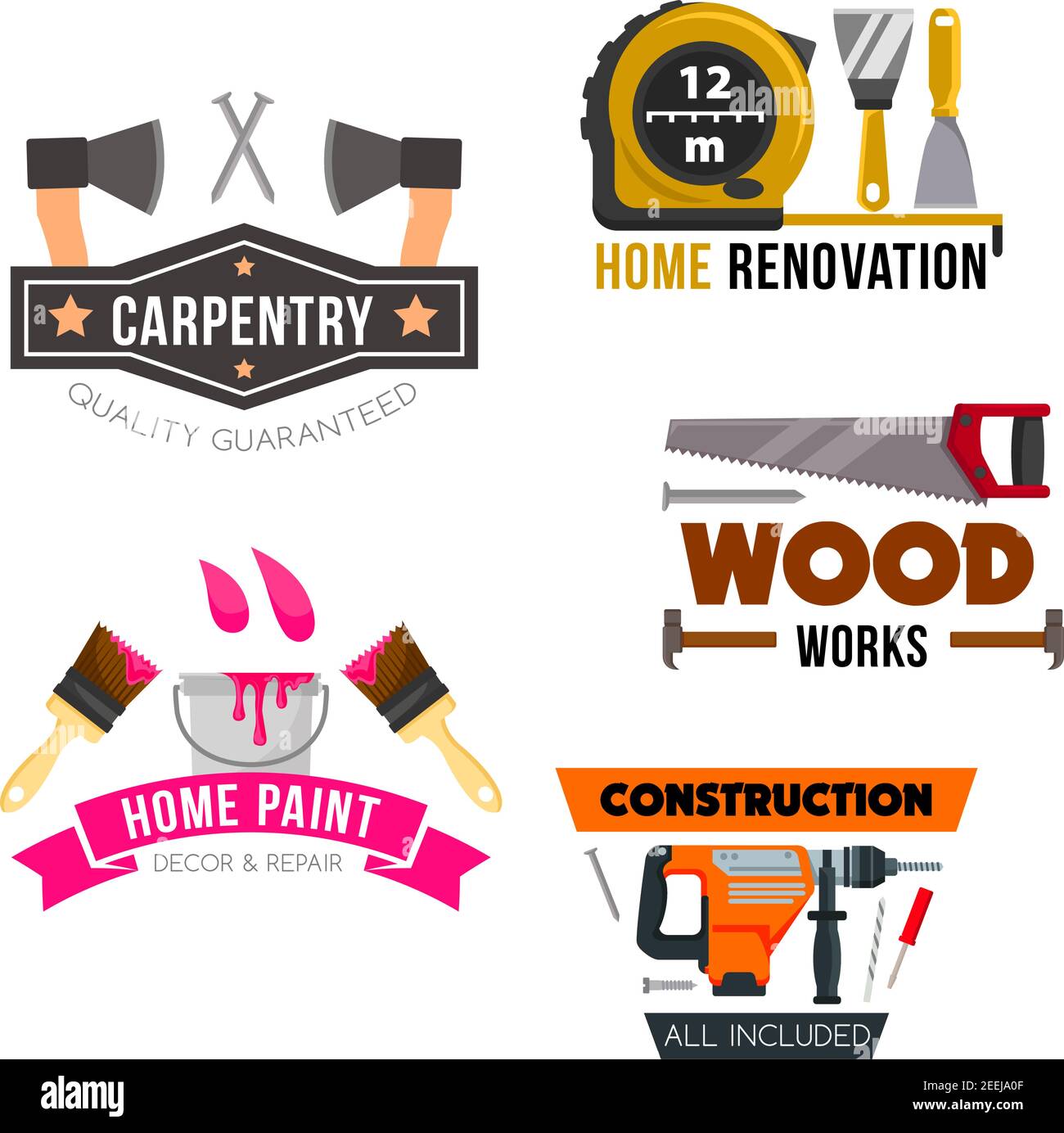 Work tool and hardware icons set of screwdriver, hammer, paint, brush