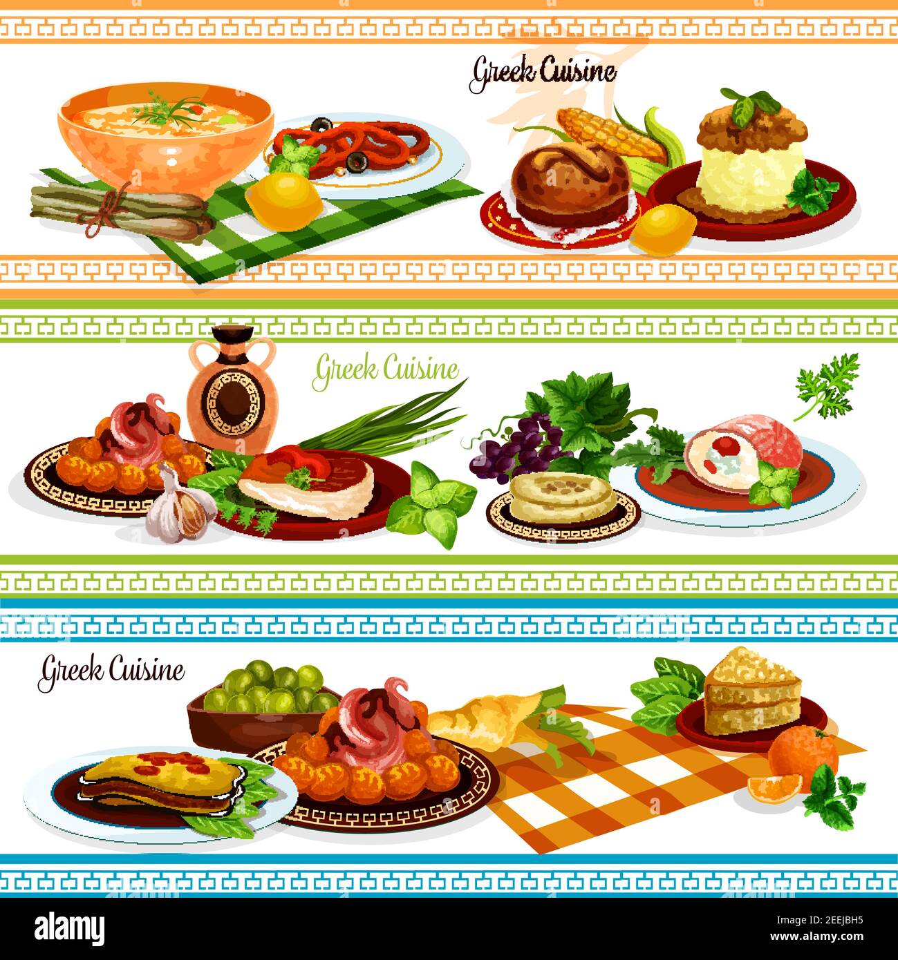 Greek cuisine traditional food banner set of eggplant cheese casserole moussaka, pickled olive fruit, meat roll with cheese, pita bread, fried fish, s Stock Vector