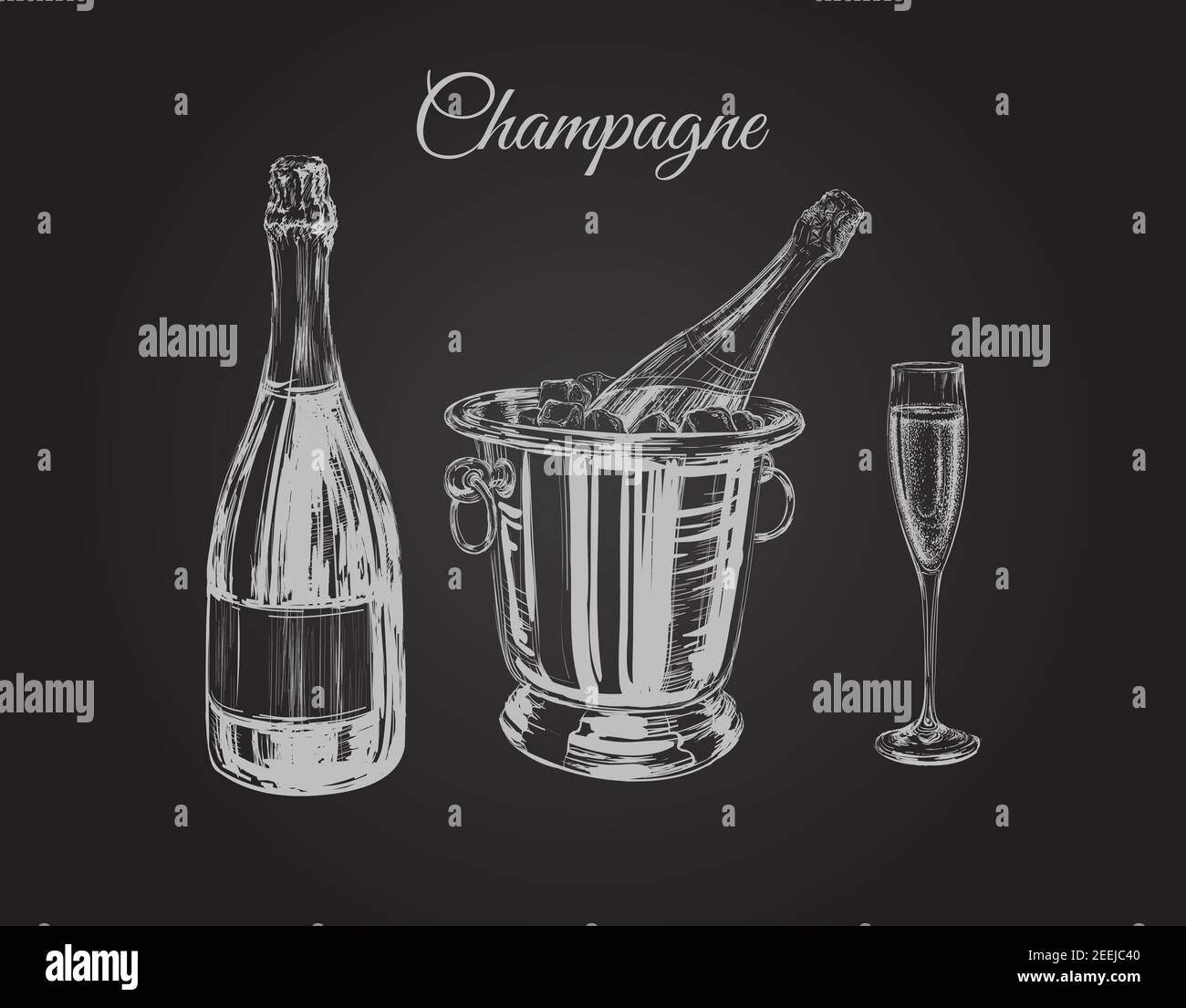 Champagne Glass Bottle Bucket Hand Drawing Vector Illustration Bubbles
