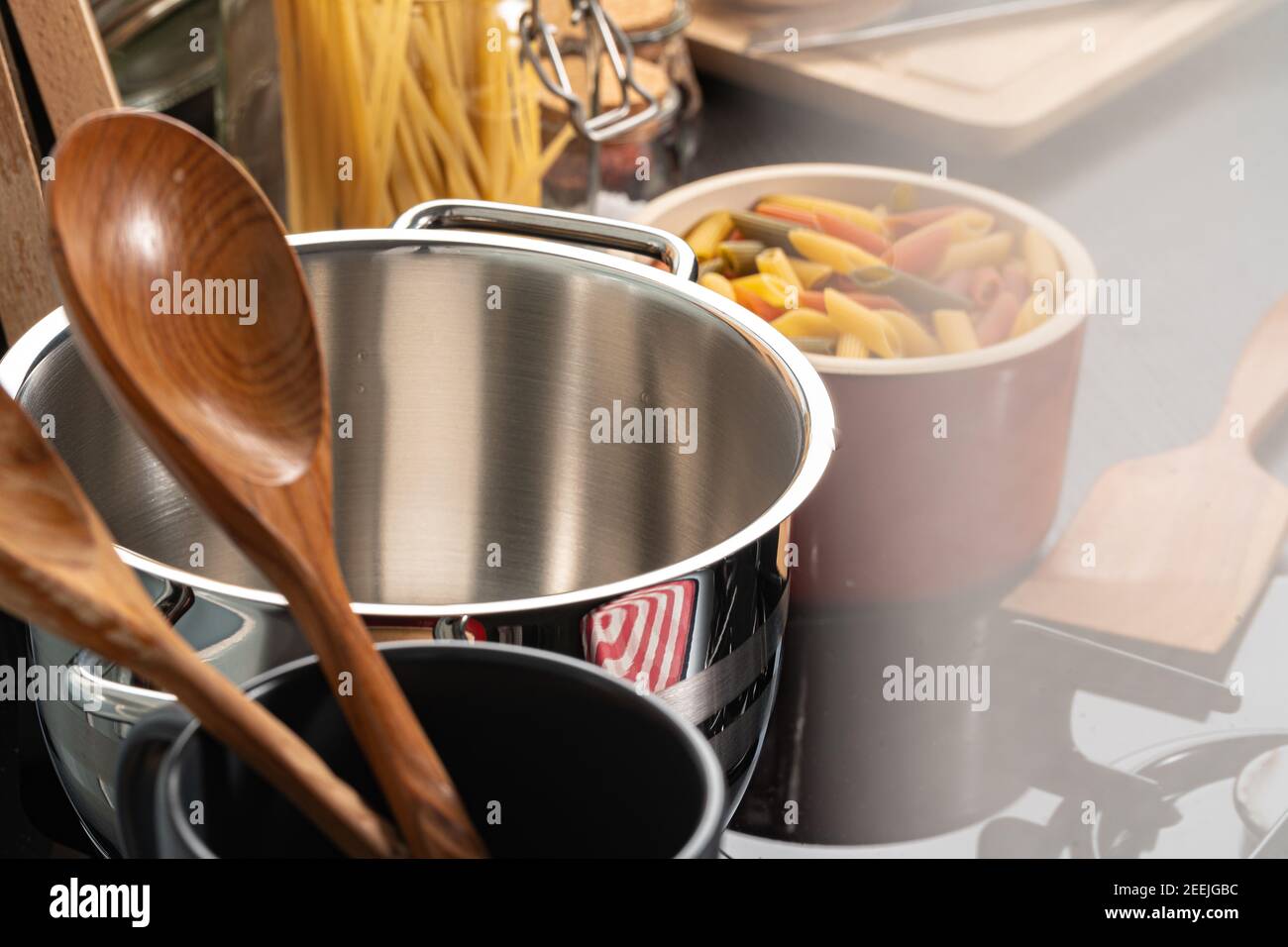 Cooking pasta at home in a pot close up Stock Photo Alamy