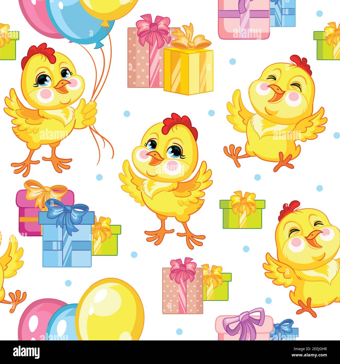 Cute cartoon party chickens with balloons and presents. Vector seamless pattern on white background. Illustration for party, print, baby shower, wallp Stock Vector