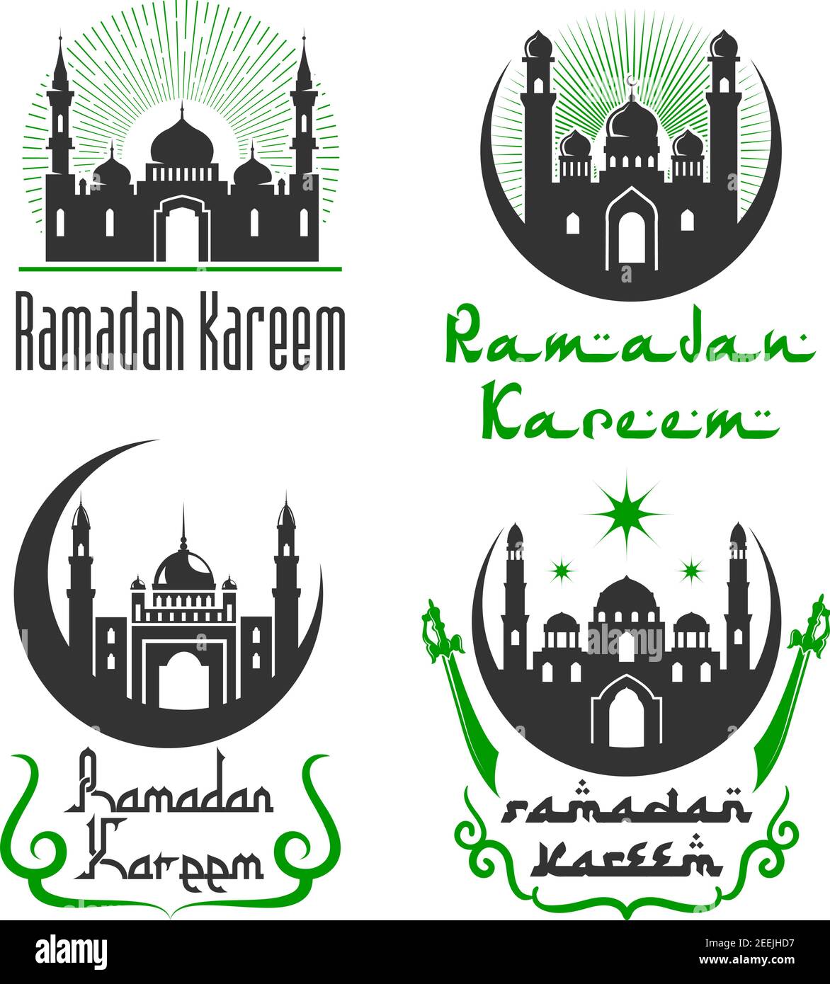 Ramadan Kareem greetings of mosque, crescent moon and shining star in sky, lanterns in minarets and Arabic calligraphy for Islamic or Muslim tradition Stock Vector
