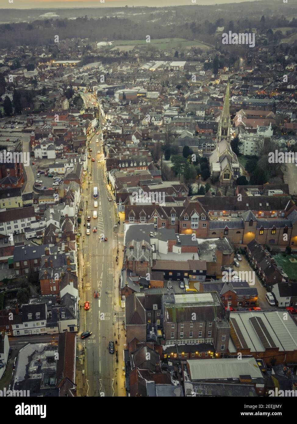 Aerial view of British town high street Stock Photo