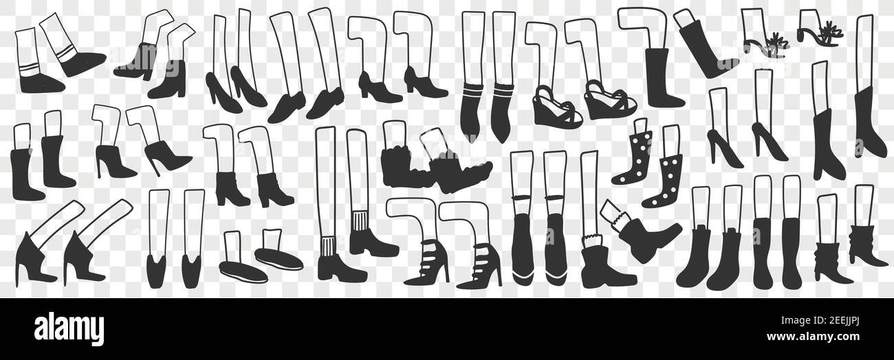 Boots and shoes doodle set. Collection of hand drawn human footwear ...