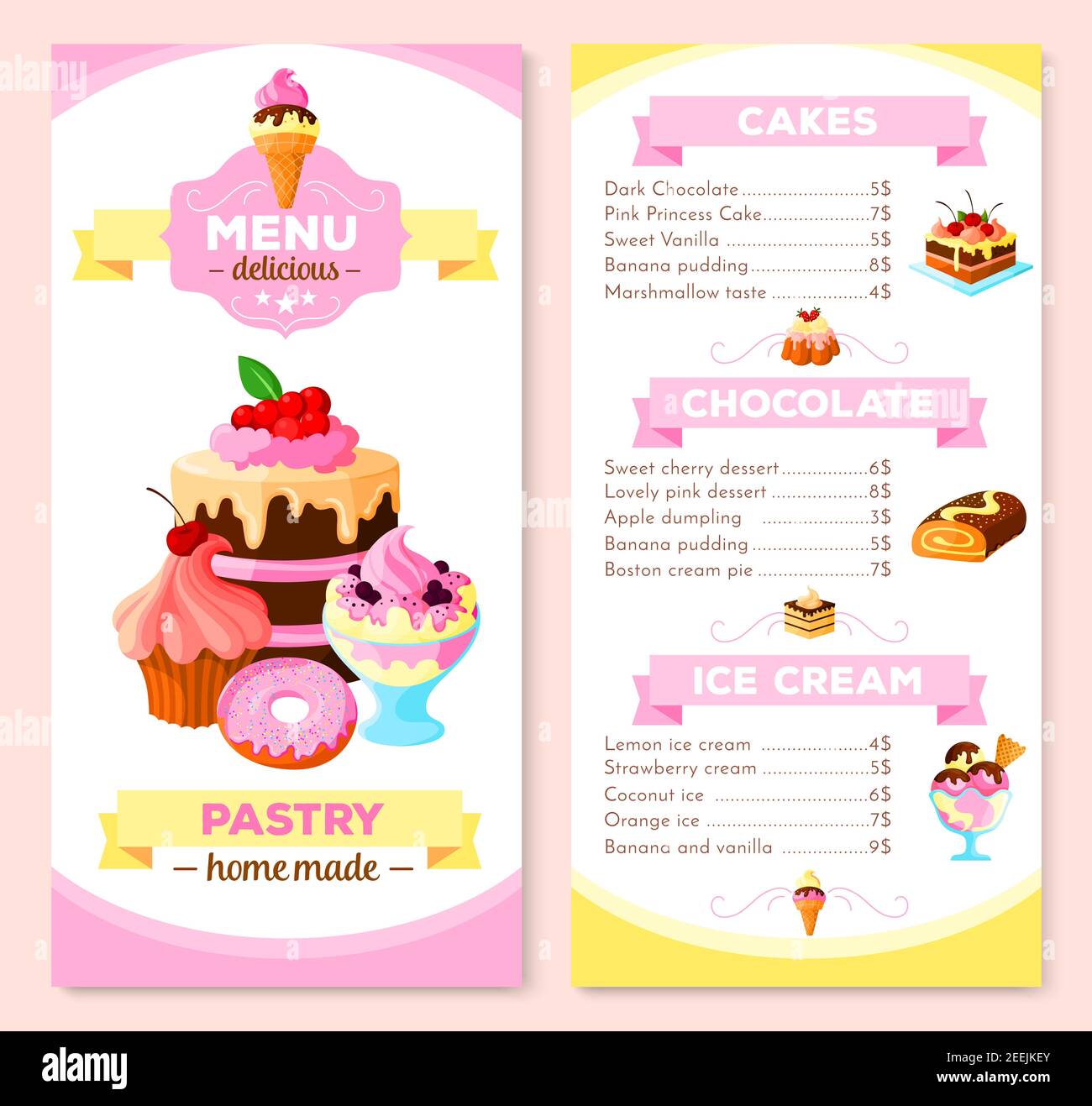 Pastry and homemade dessert cakes menu template. Vector price list for