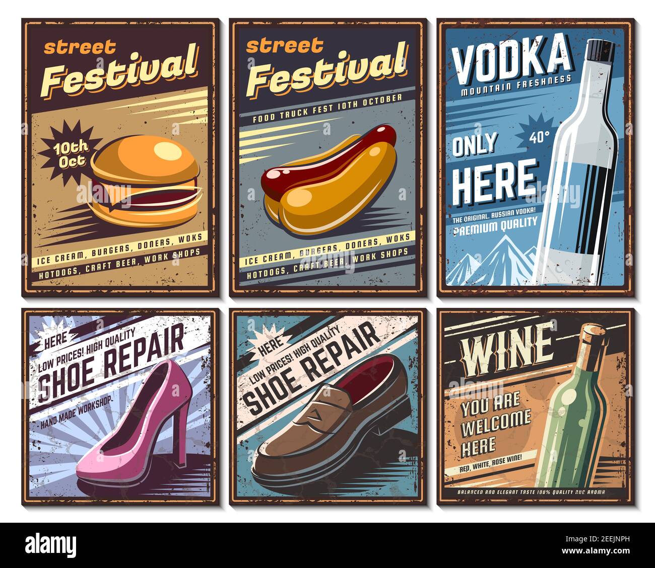 Set of retro posters in vintage style. With the image of different objects  and on different topics. Old style poster, element for design Stock Photo -  Alamy