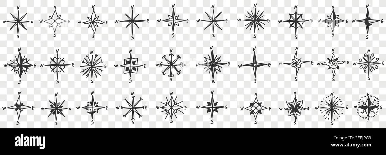 Cardinal points on compass doodle set. Collection of hand drawn