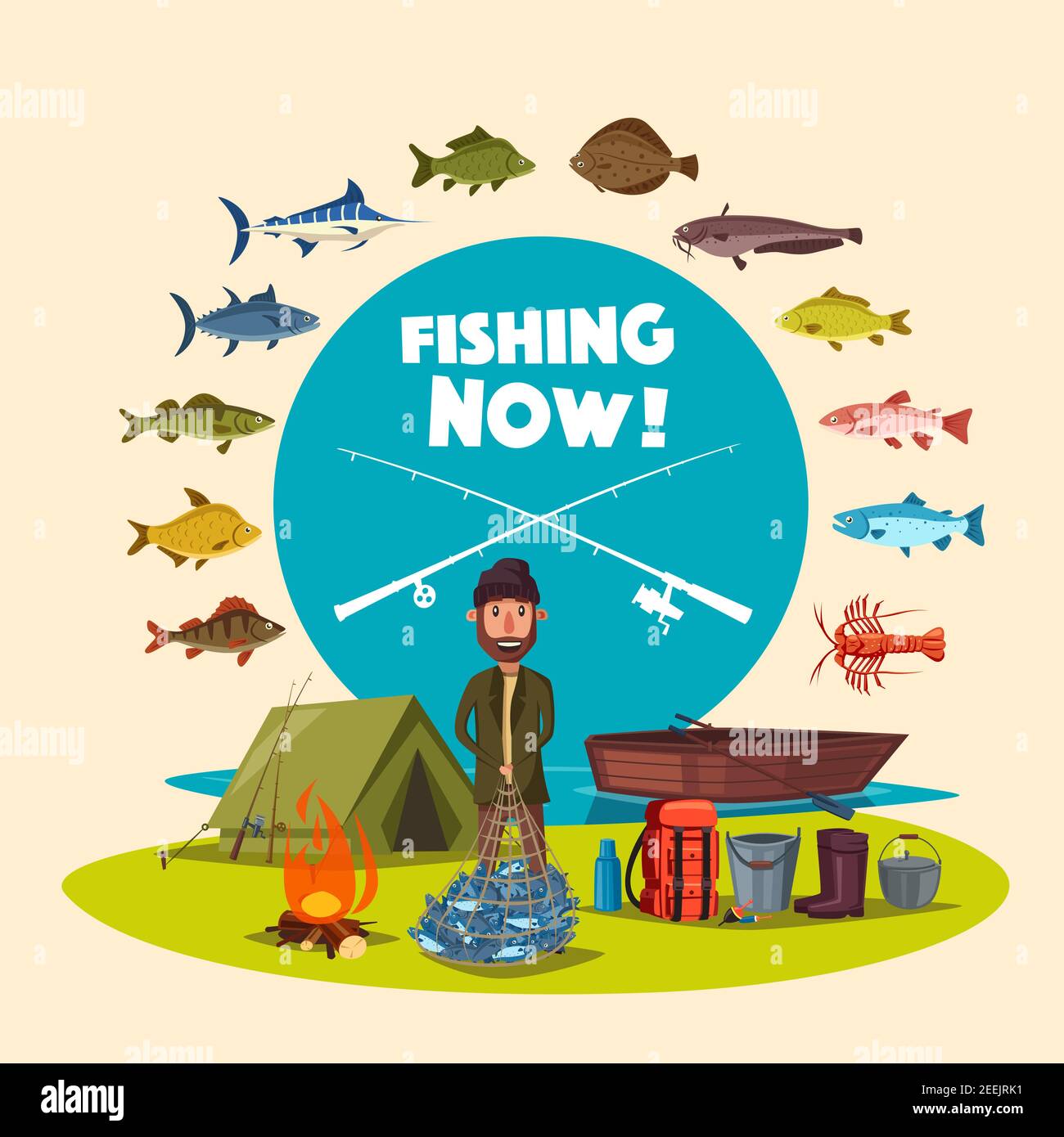 Fisherman with big fish catch. Vector fishing camp with tent, fire