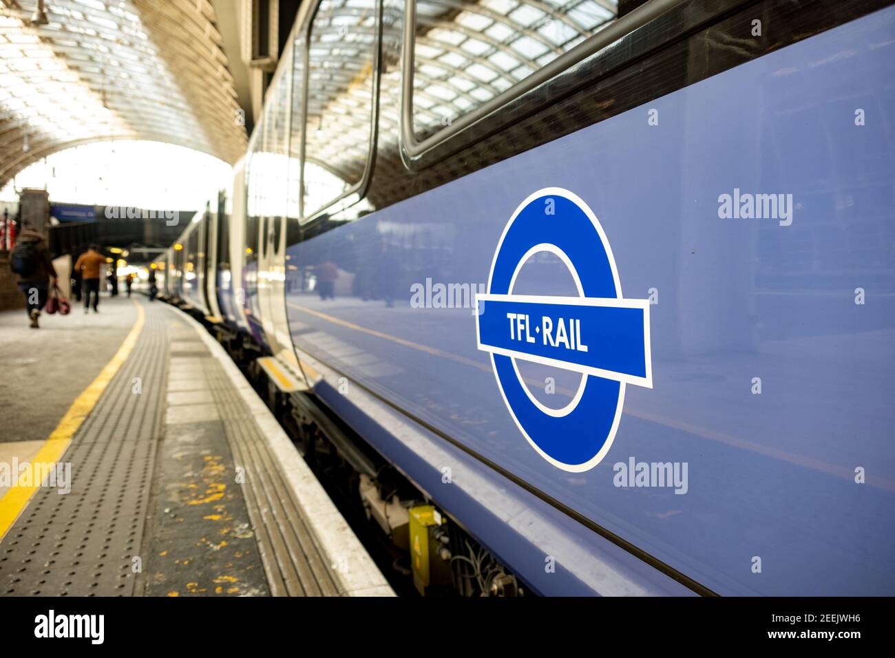 London- February, 2021: TFL Rail train logo on side of train at Paddington Station Stock Photo