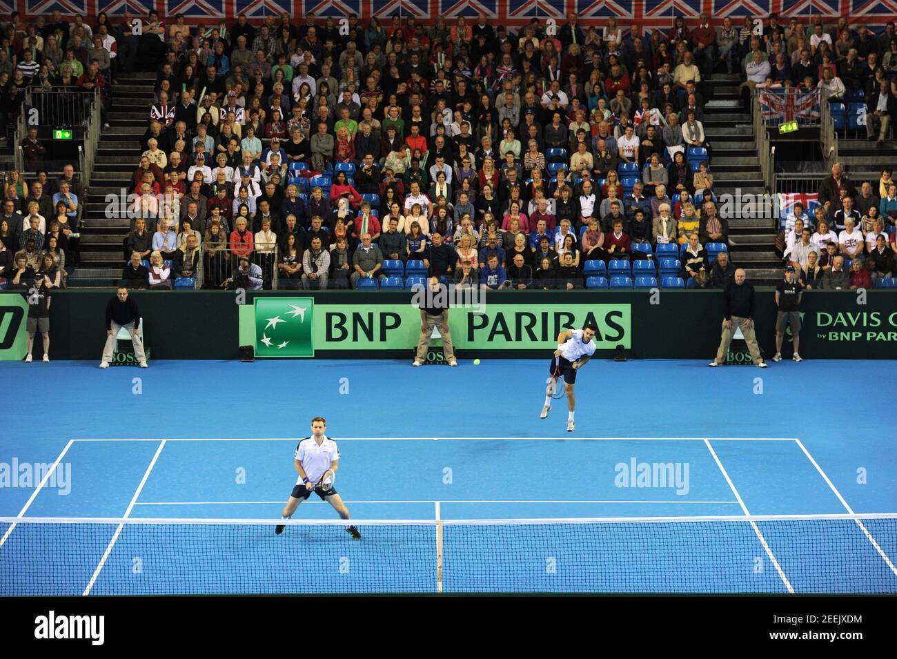 Tennis - Great Britain v Russia - Davis Cup Europe/Africa Zone Group I  Second Round - Ricoh Arena, Coventry - 6/4/13 Great Britain's Colin Fleming  serves during the doubles as Jonathan Marray