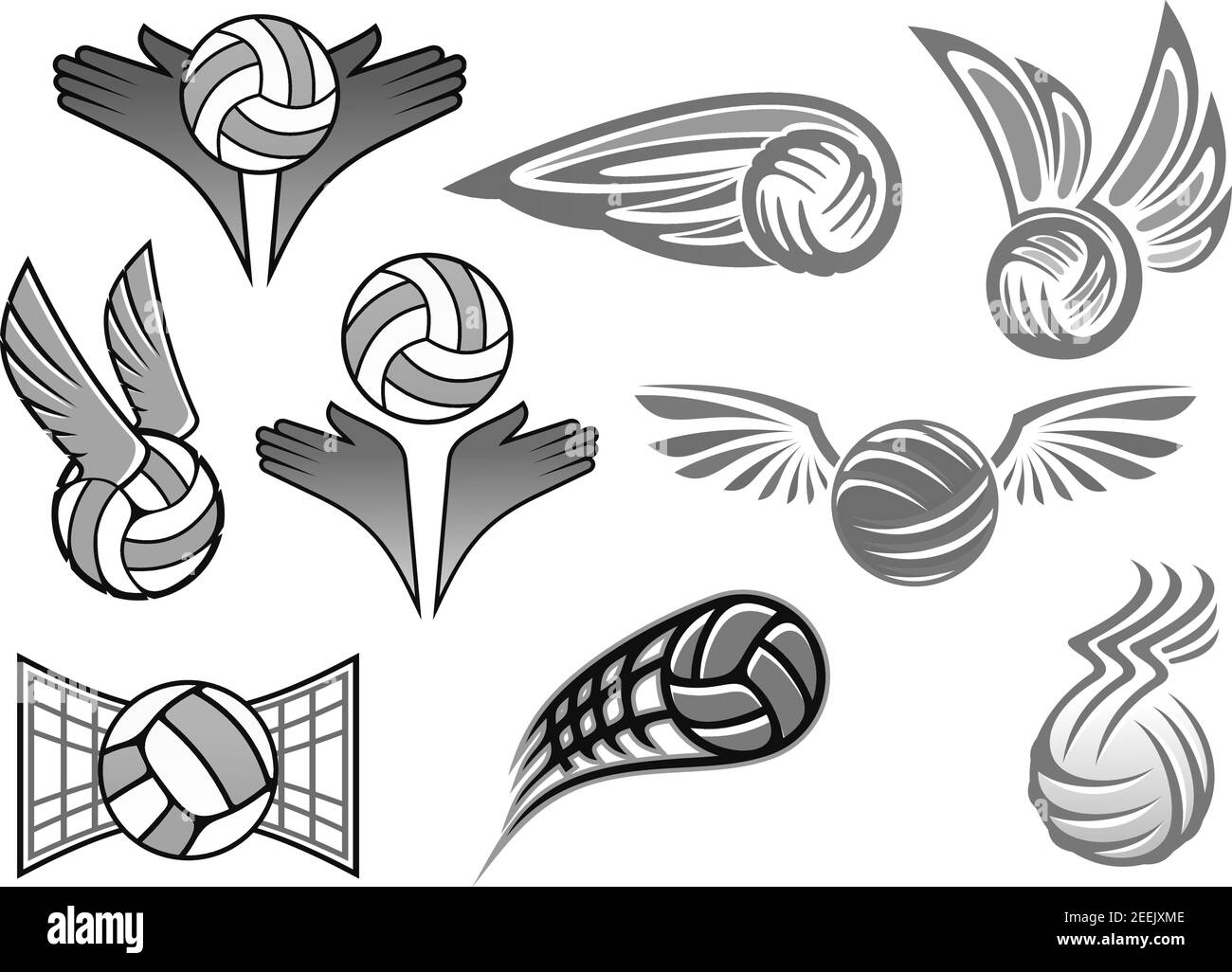 Balls vector icons set for sport club badge. Isolated symbols of flying ball on wings to goal gates and in hands. Design for volleyball, soccer footba Stock Vector