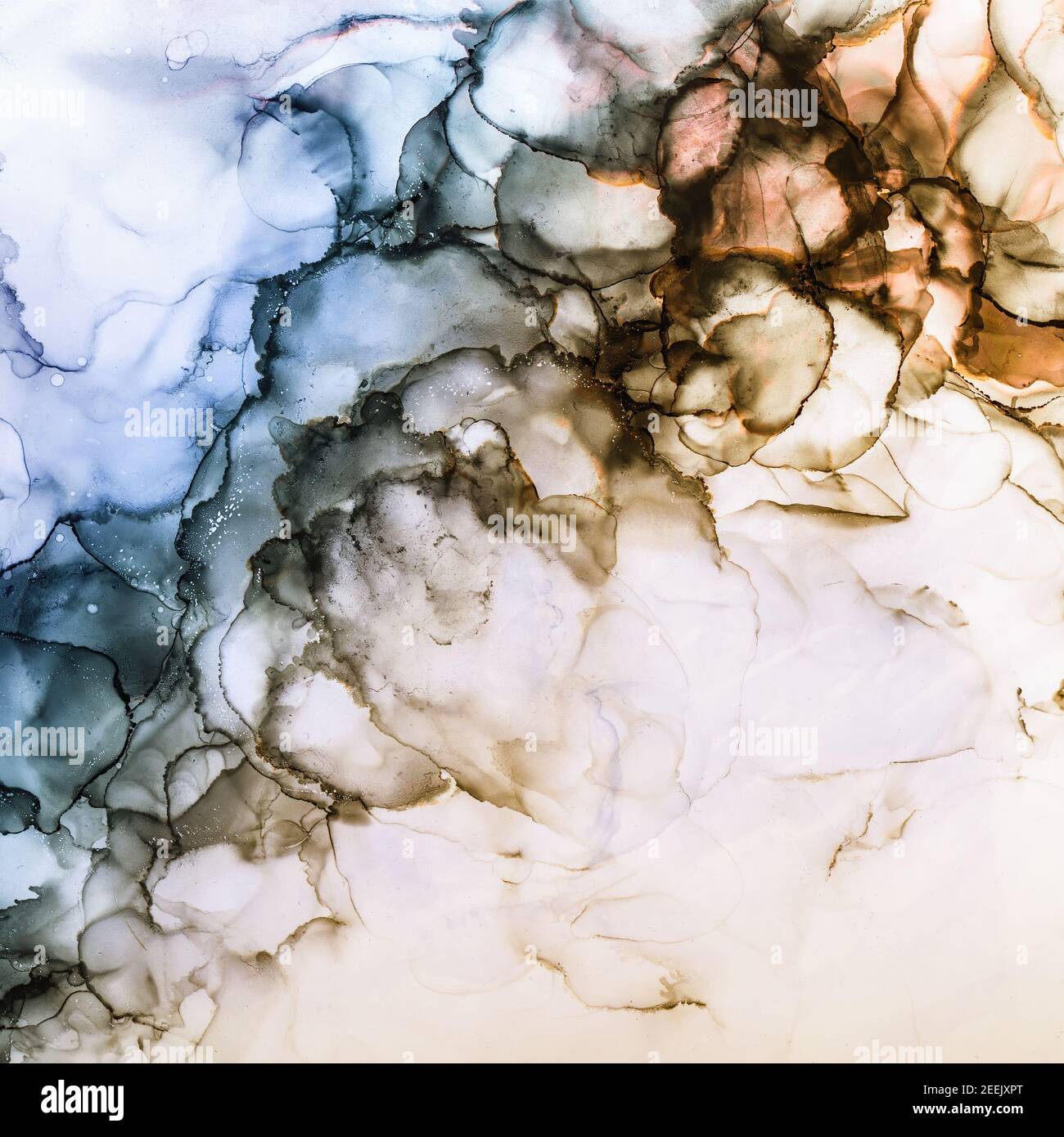 Alcohol ink waves background in subtle tones of blue, brown and orange ...