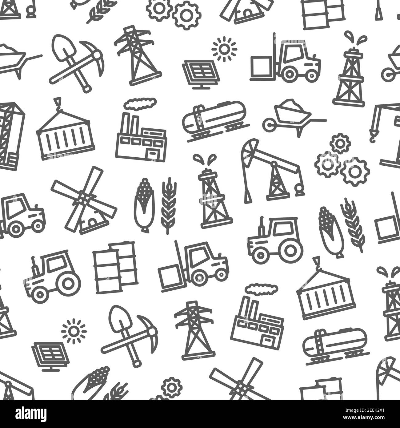 Industry seamless pattern of vector heavy or light and food or oil industrial symbols of machinery and agriculture farming, building, construction bui Stock Vector
