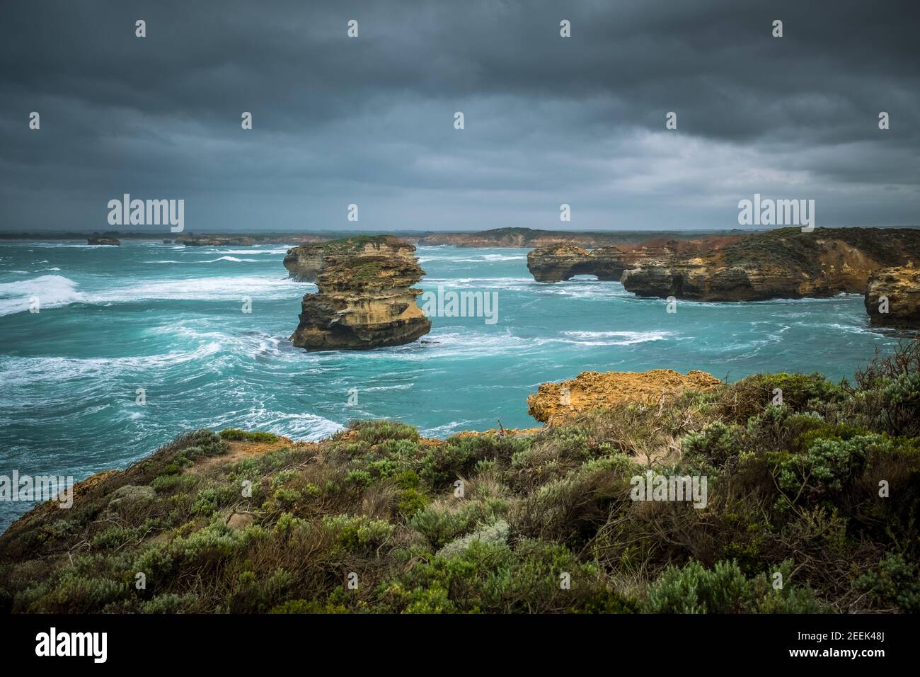 The Bay of Martyrs, on Australia' Great Ocean Road, on a stormy evening Stock Photo