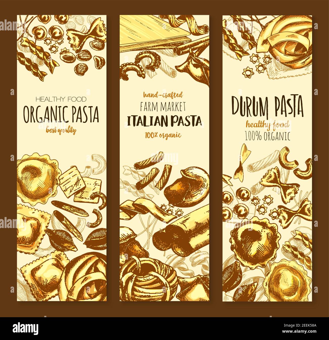 Italian pasta, organic durum spaghetti sketch banner set. Assortment