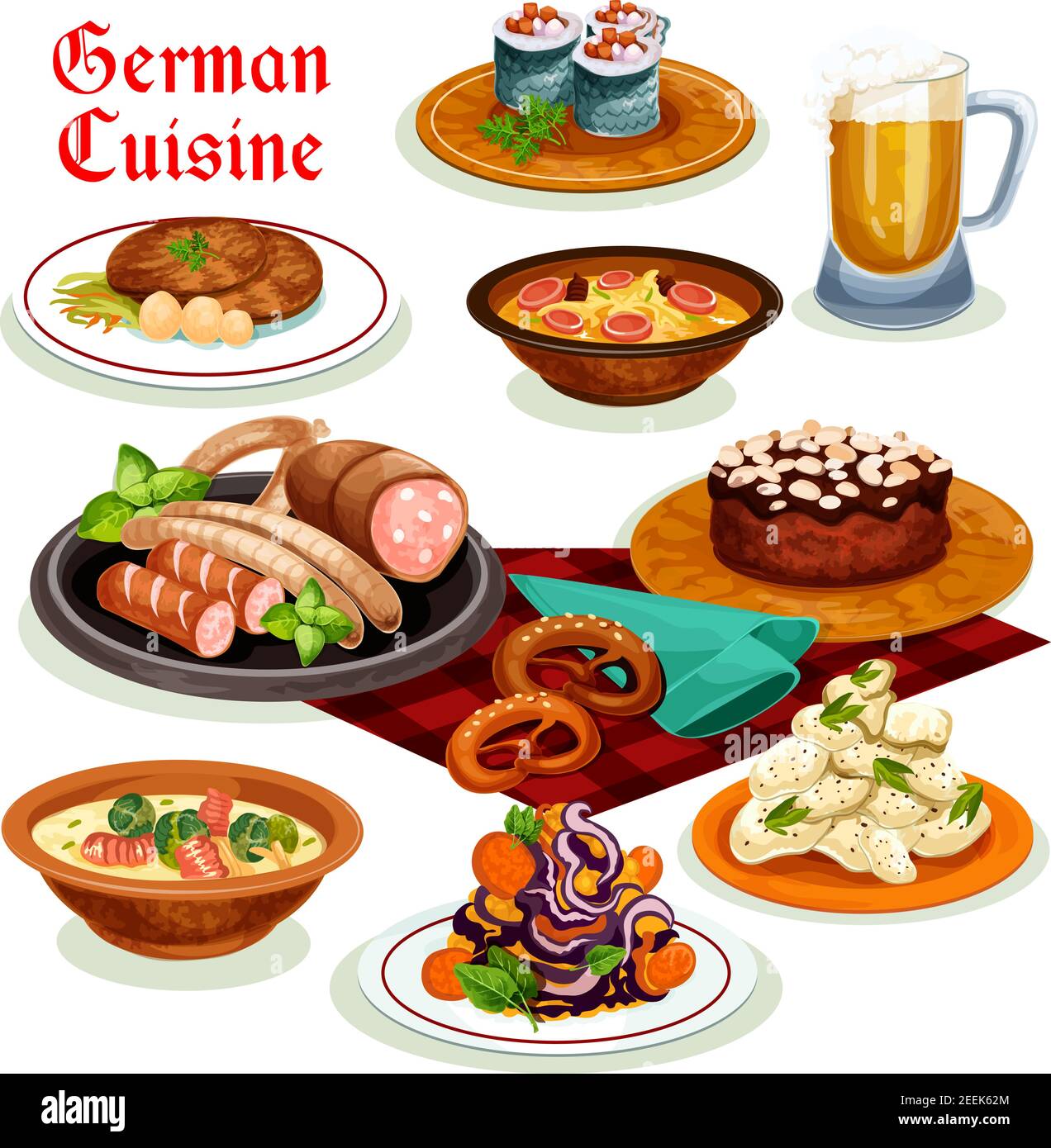 German cuisine traditional beer, sausage and wurst icon, served with potato salad, bacon soup with pretzel, fish roll, pork schnitzel, noodle soup wit Stock Vector